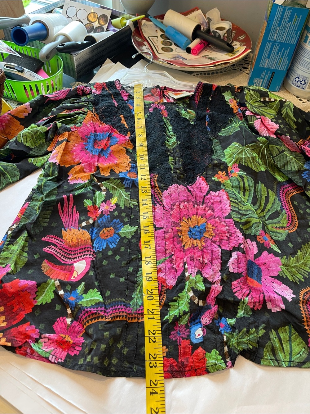 Farm Rio Black Floral Lace-Trim Blouse Pink & Green Accents Viscose Boho size XS - Picture 6 of 10